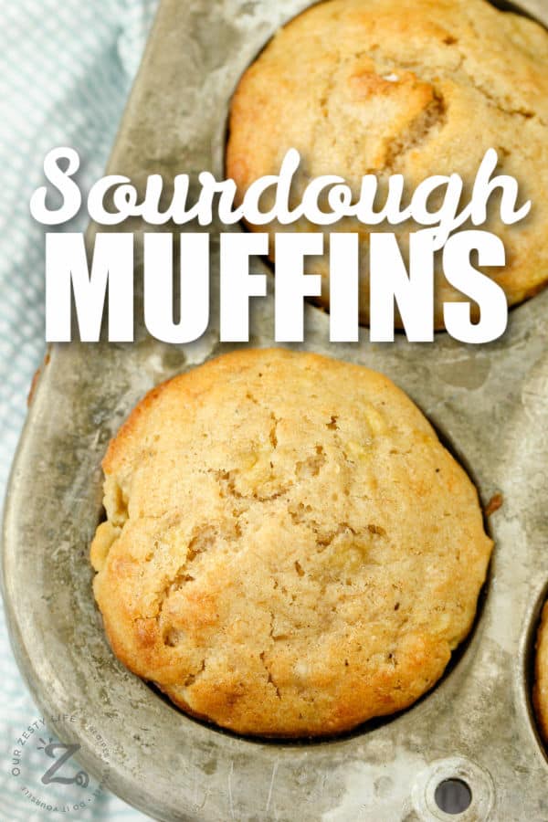 cooked Sourdough Banana Muffins with writing