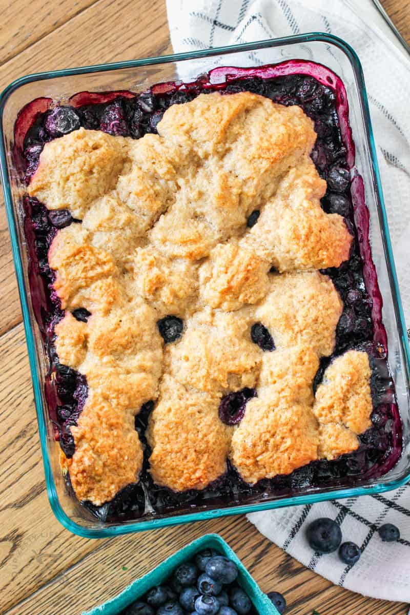 top view of cooked Blueberry Cobbler in the pan