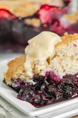 close up of plated Blueberry Cobbler