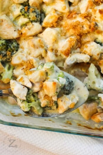close up of Broccoli Chicken Divan on a spoon
