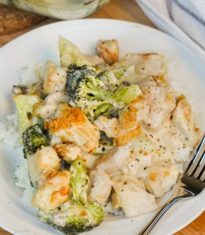 plated Broccoli Chicken Divan with a fork