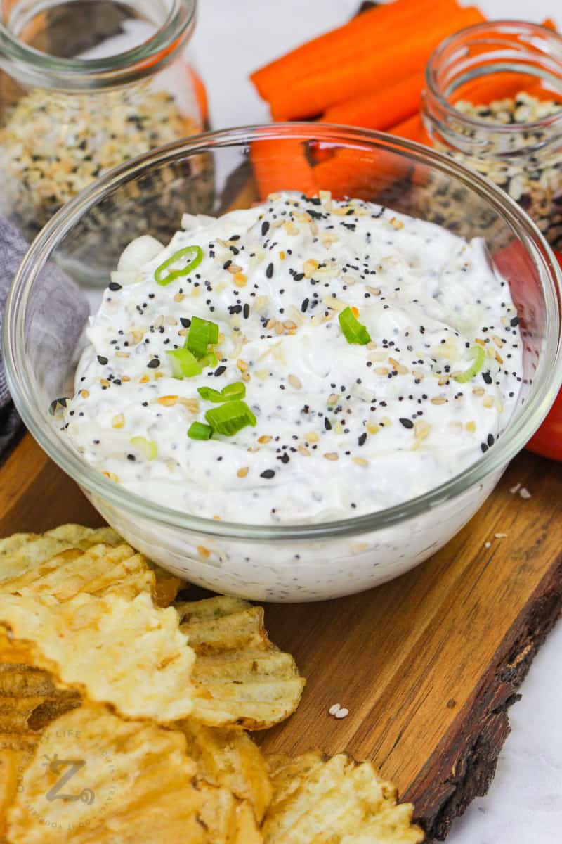 Everything Bagel Dip with chips and carrots