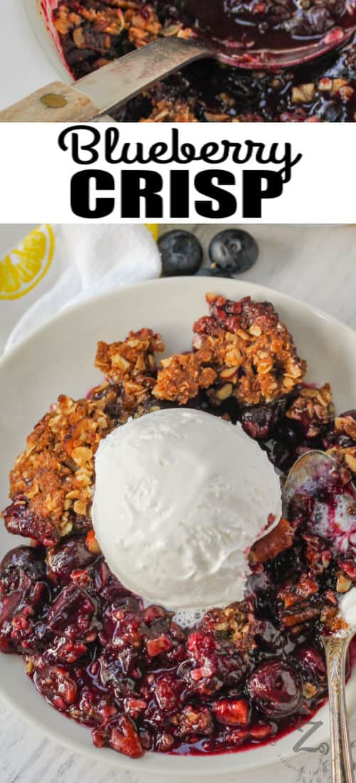 Blueberry Crisp with ice cream and a title
