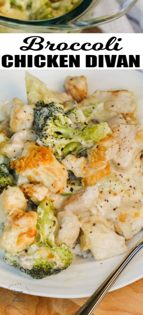 plated Broccoli Chicken Divan with a title