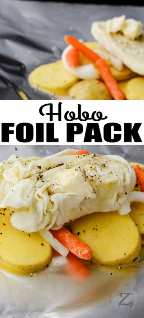 ingredients added to foil to make Cabbage and Potato Foil Packet with a title