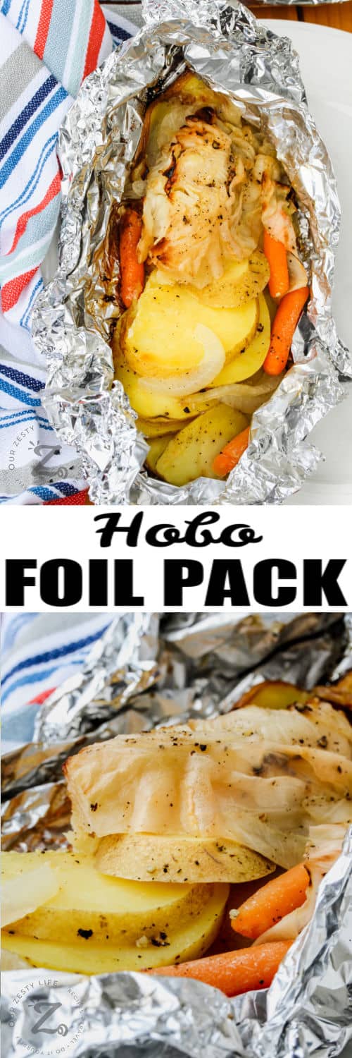 close up and top view of open Cabbage and Potato Foil Packet with a title