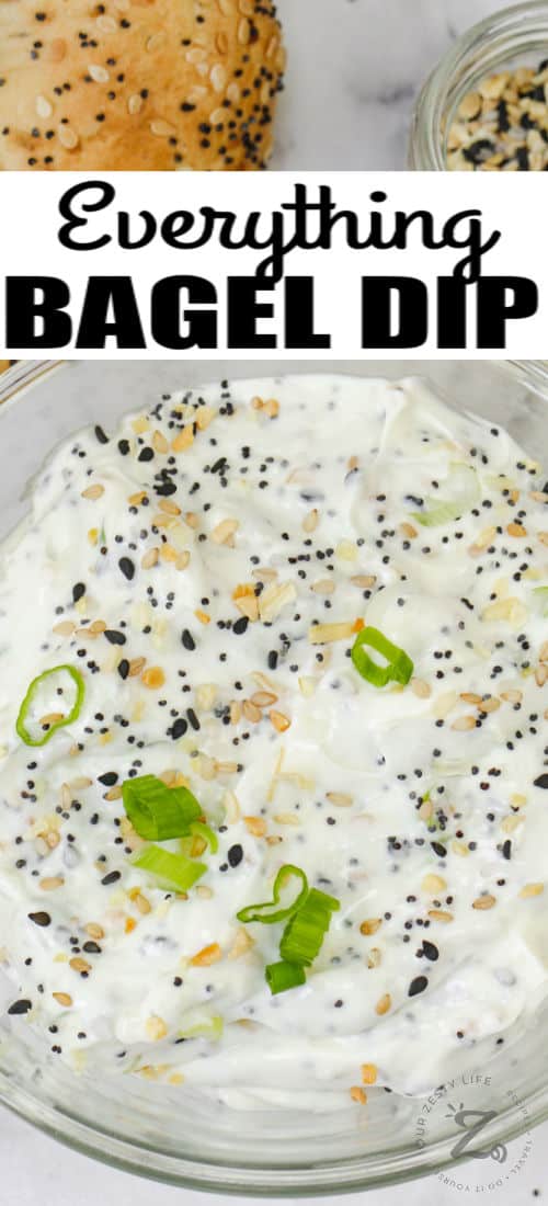 close up of Everything Bagel Dip with a title