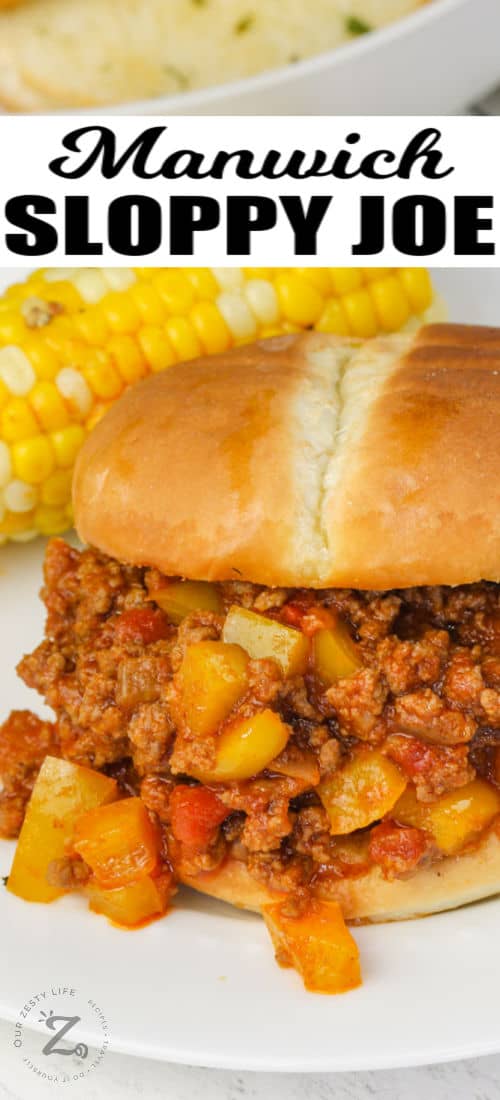 plated Manwich Sloppy Joe with corn and a title