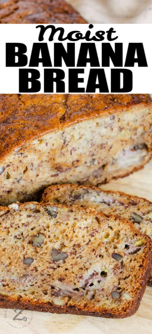 close up of slices of Moist Banana Bread with a title