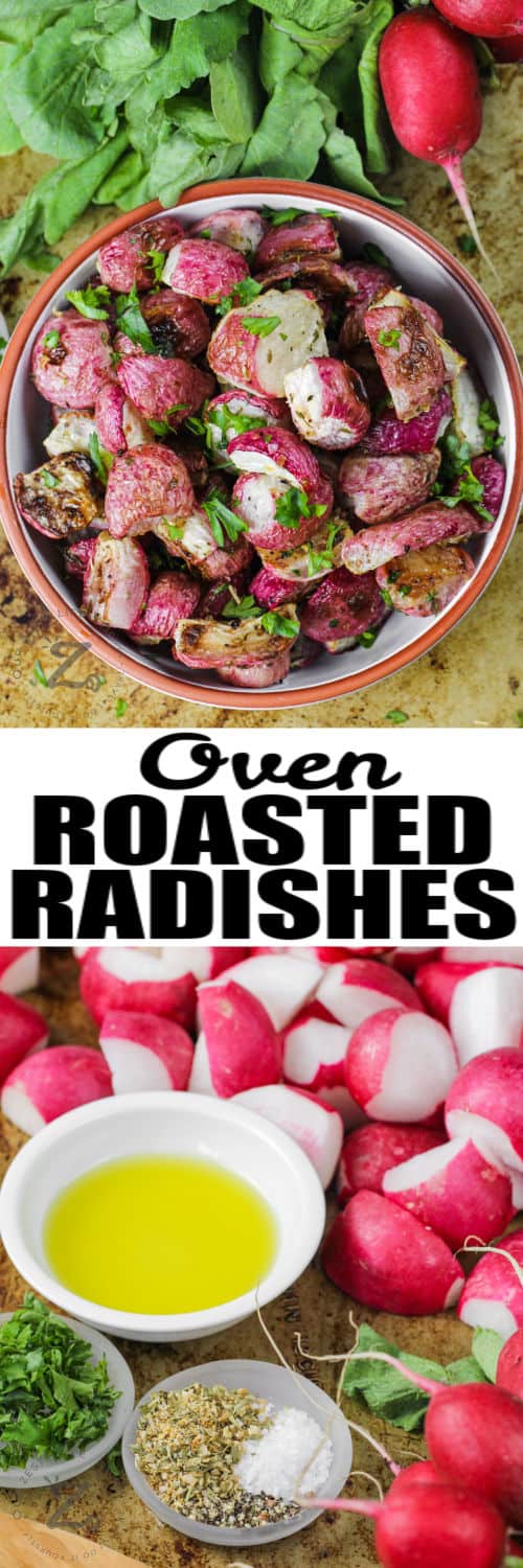 ingredients to make Oven Roasted Radishes with plated dish