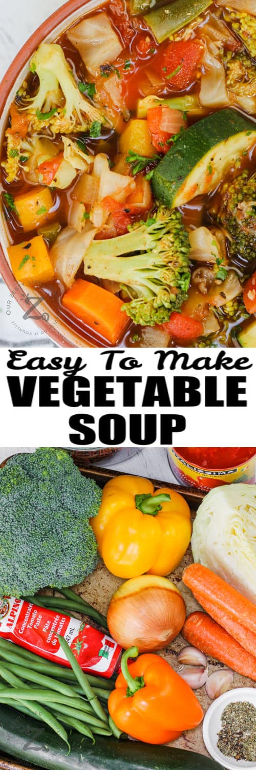 ingredients to make Weight Loss Vegetable Soup Recipe with finished dish and a title