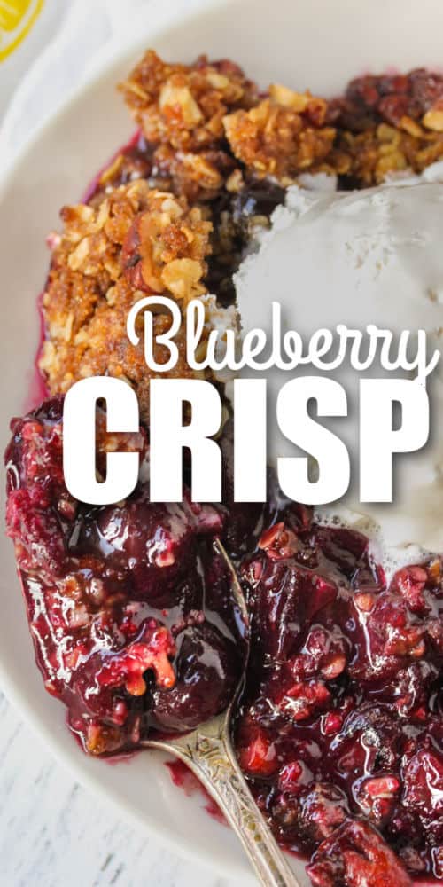 close up of Blueberry Crisp with a title