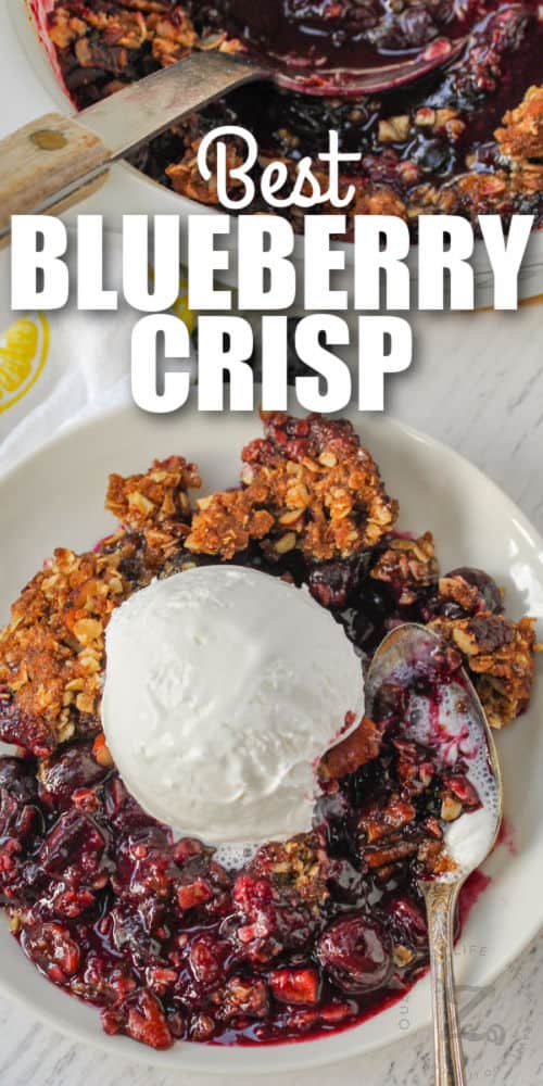 plated Blueberry Crisp with ice cream and writing