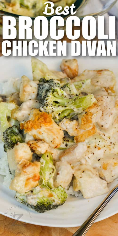 close up of Broccoli Chicken Divan with writing