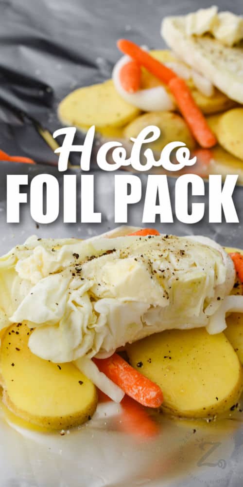 close up of ingredients in a Cabbage and Potato Foil Packet with a title