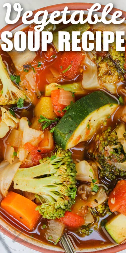 close up of bowl of Weight Loss Vegetable Soup Recipe with writing