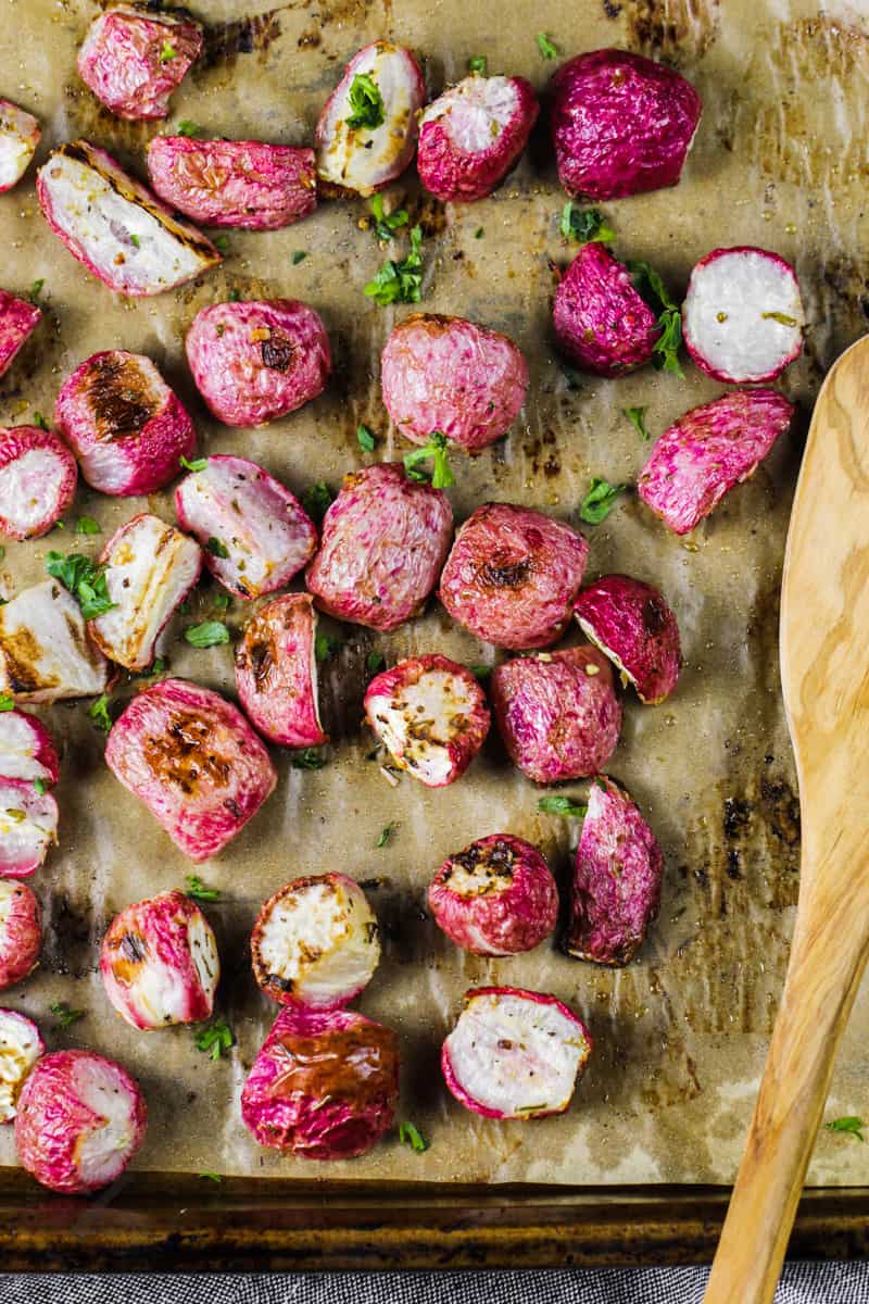 cooked Oven Roasted Radishes on a baking sheet