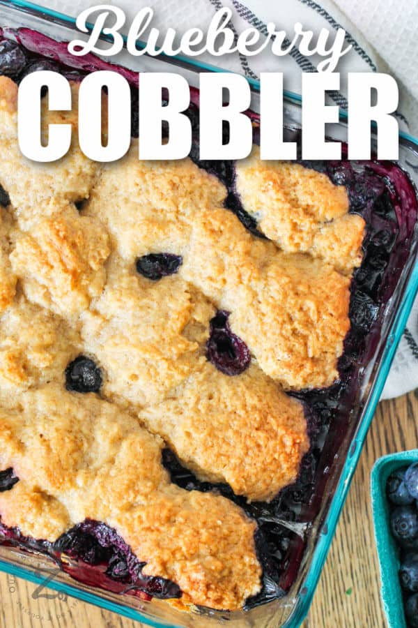 close up of Blueberry Cobbler with a title