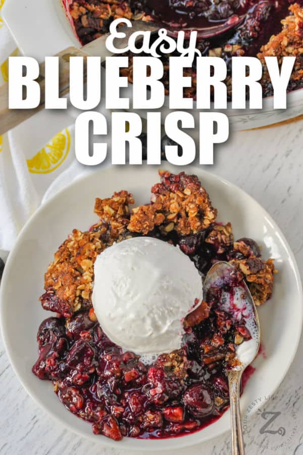 Blueberry Crisp with ice cream and writing