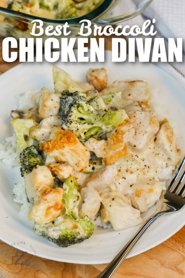 plated Broccoli Chicken Divan with writing