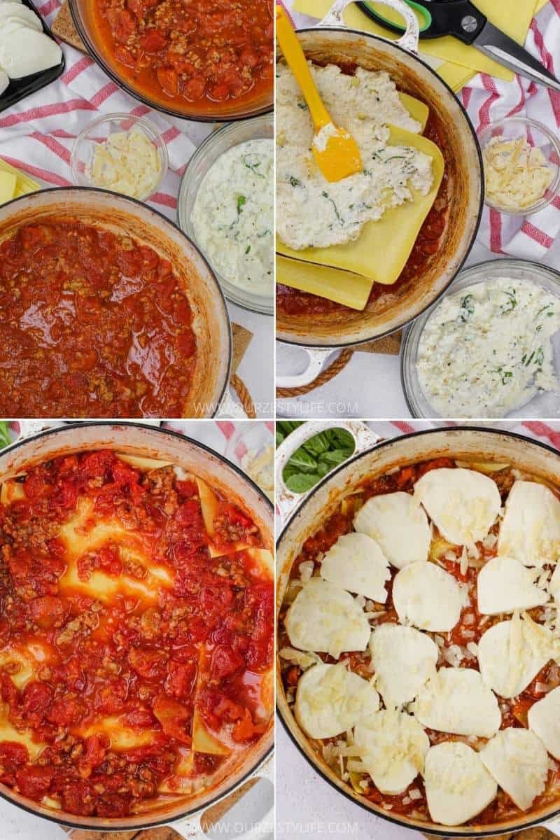 process of adding ingredients to pot to make a Skillet Lasagna