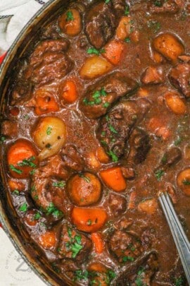 close up of Beef Bourguignon in the pot