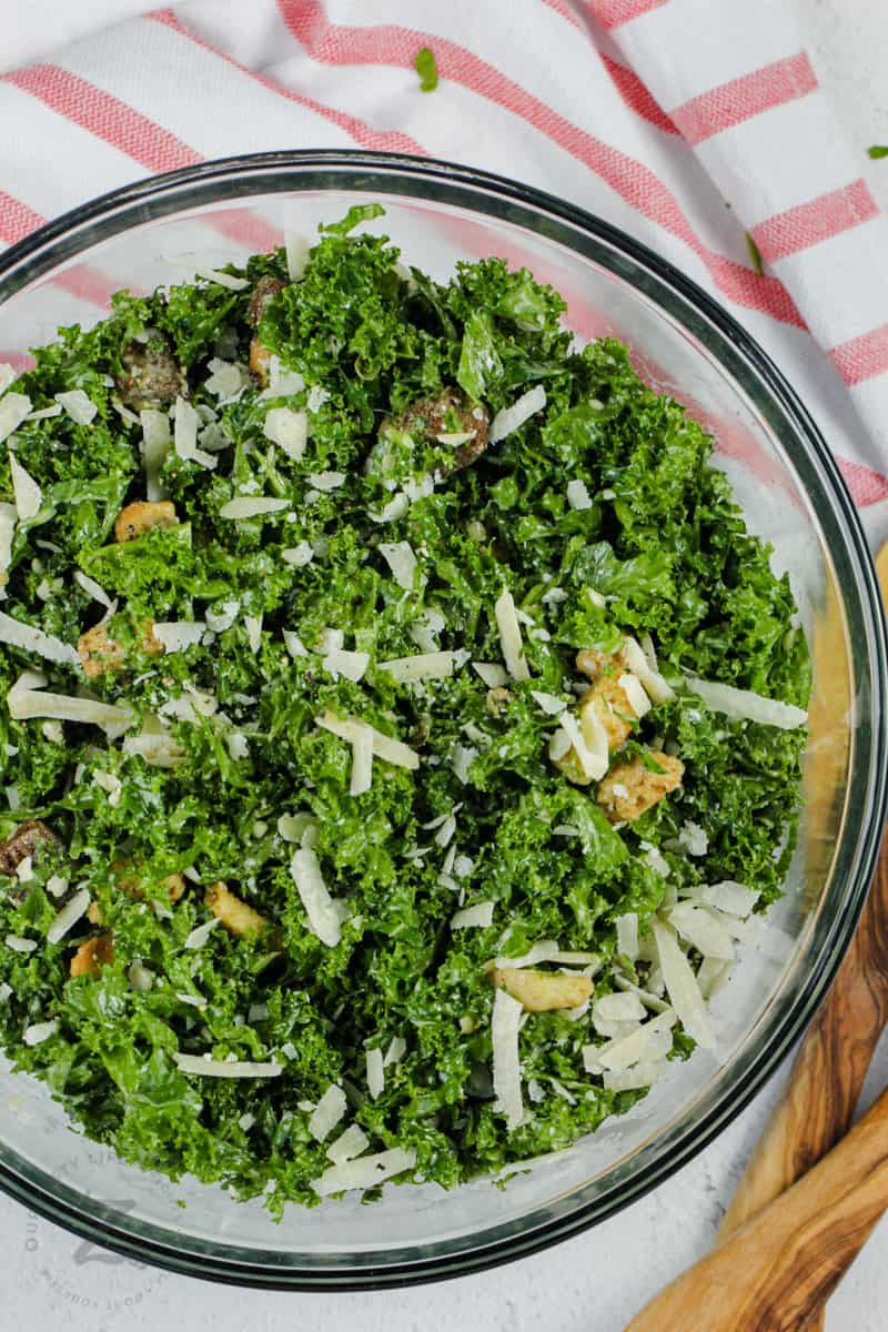 top view of Kale Caesar Salad with cheese