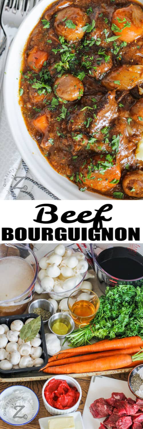 ingredients to make Beef Bourguignon with a bowl full and a title