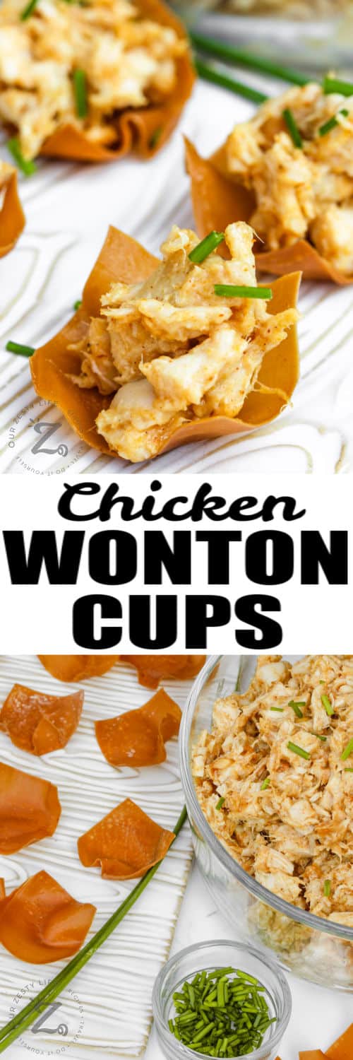 ingredients to make Chicken Wonton Cups with finished dish and a title