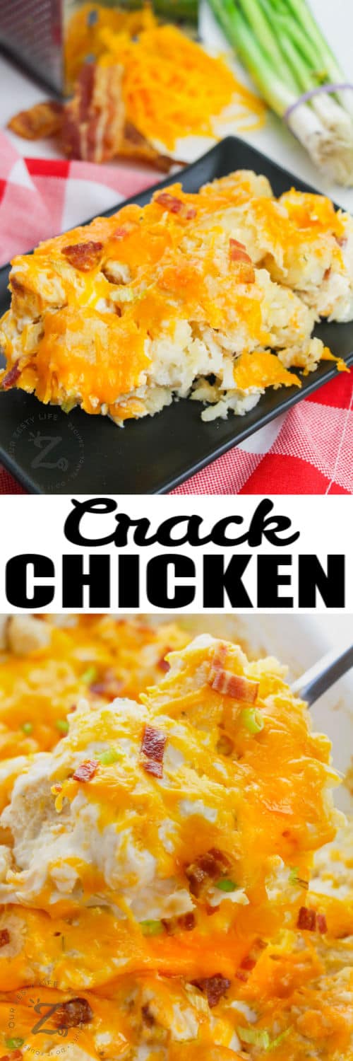 Crack Chicken Casserole in a spoon and plated with a title