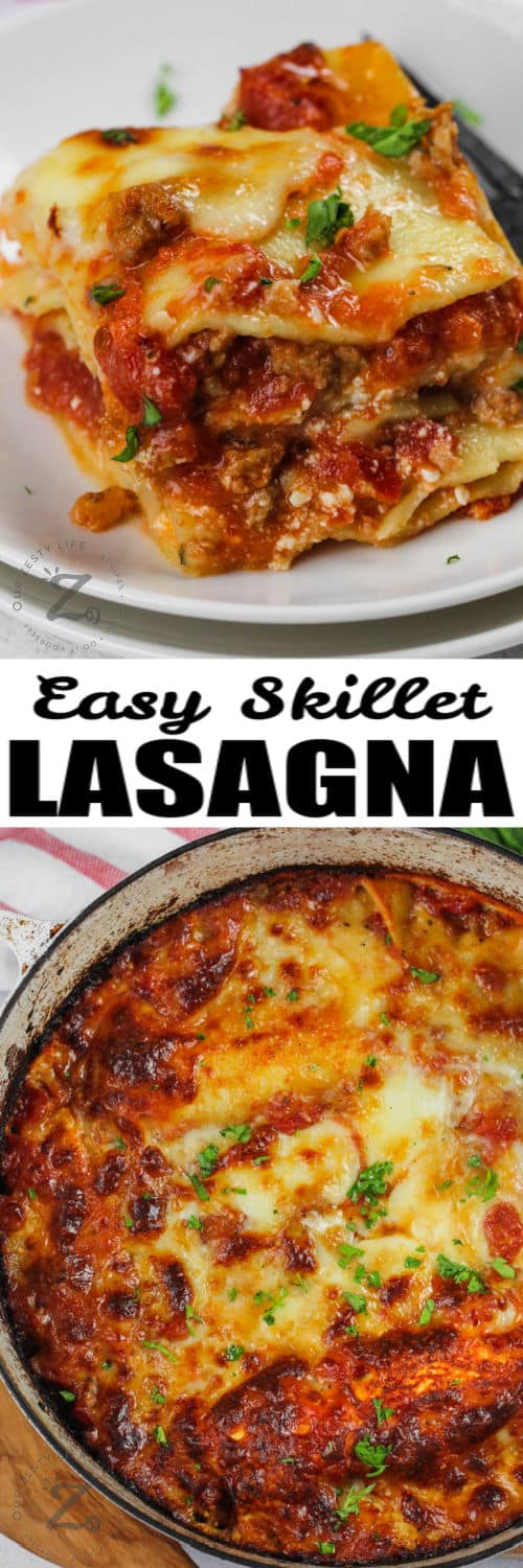 cooked Skillet Lasagna and plated piece with a title