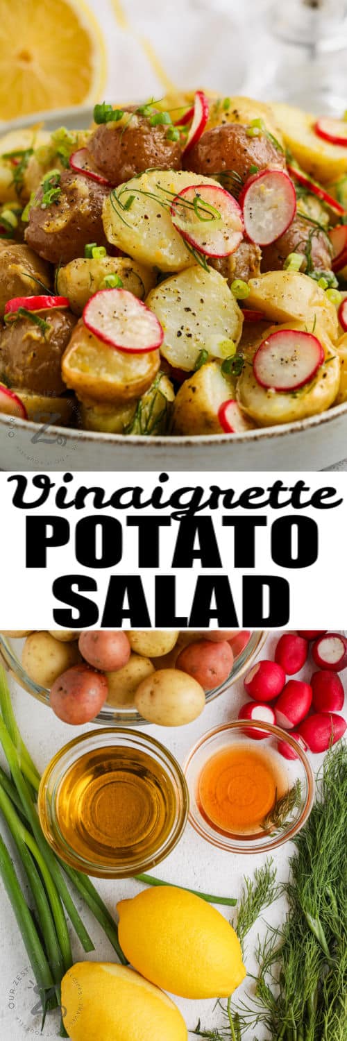 ingredients to make Vinaigrette Potato Salad with plated dish and a title