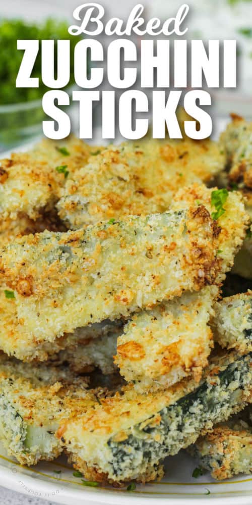 close up of plated Baked Zucchini Sticks with writing