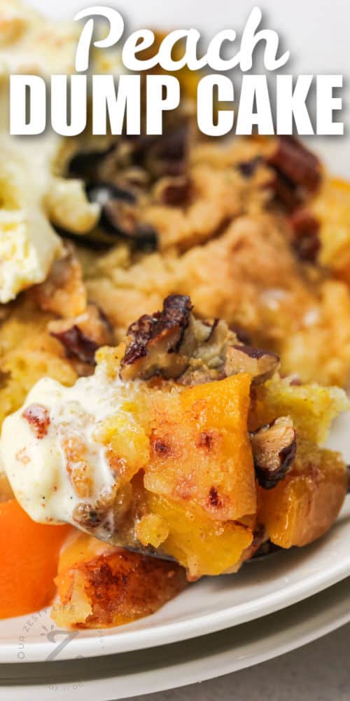 close up of Peach Dump Cake with writing