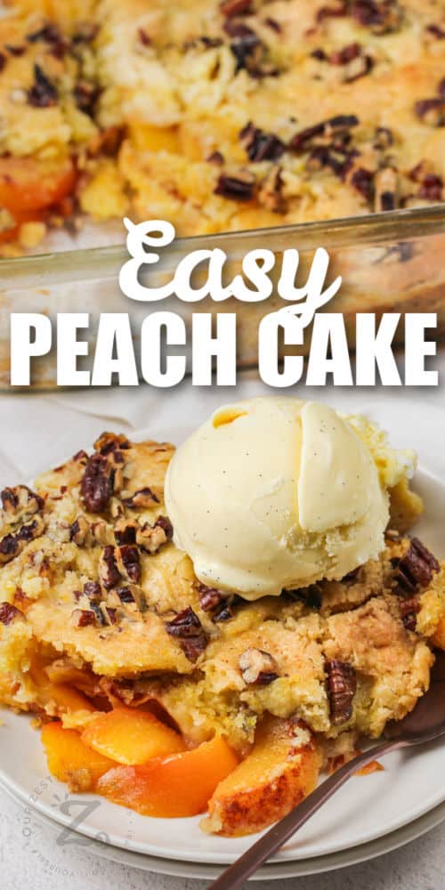plated Peach Dump Cake with ice cream and writing