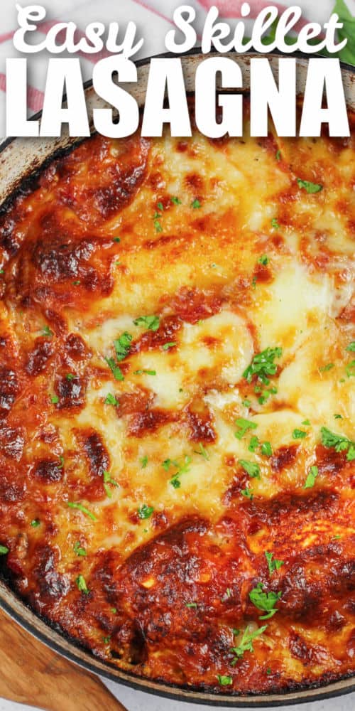 pot of cooked Skillet Lasagna with writing