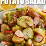 close up of plated Vinaigrette Potato Salad with writing