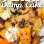 plated Peach Dump Cake with a spoon full and writing