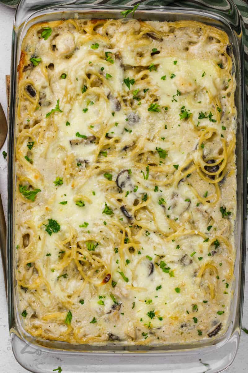 top view of cooked Turkey Tetrazzini in the dish