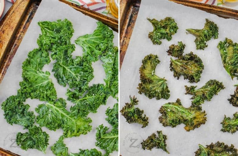 Baked Kale Chips before and after cooking