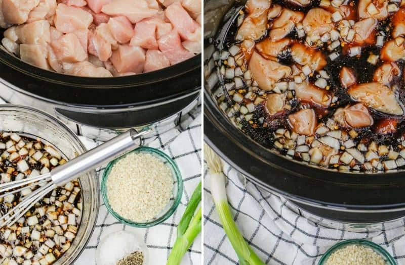 process of adding ingredients to the slow cooker to make Slow Cooker Honey Garlic Chicken