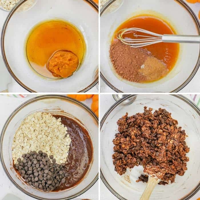 process of adding ingredients to bowl to make Double Chocolate Pumpkin Cookies