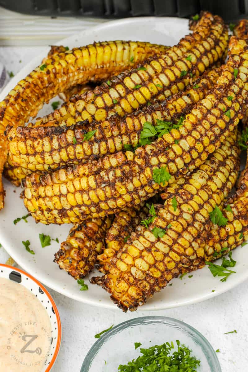 close up of plated Air Fryer Corn Ribs