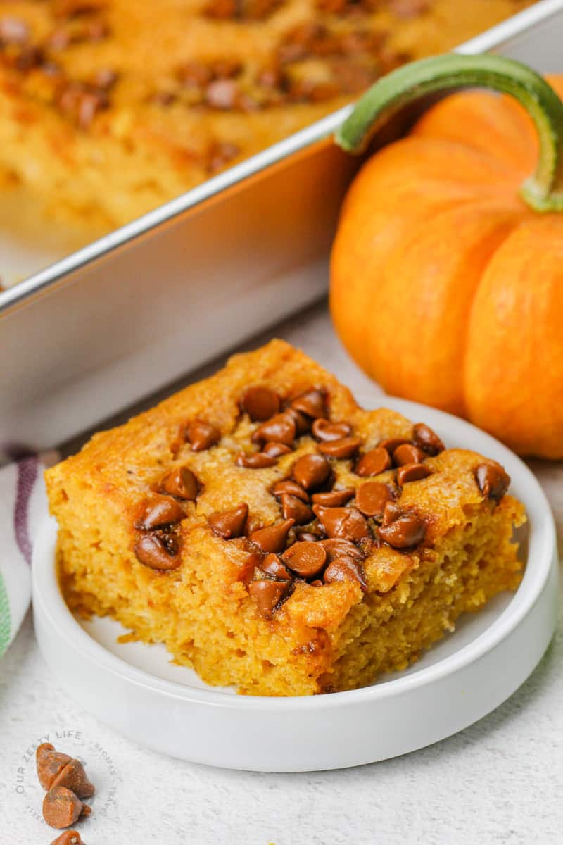 close up of plated Easy Pumpkin Bars with a pan in the background