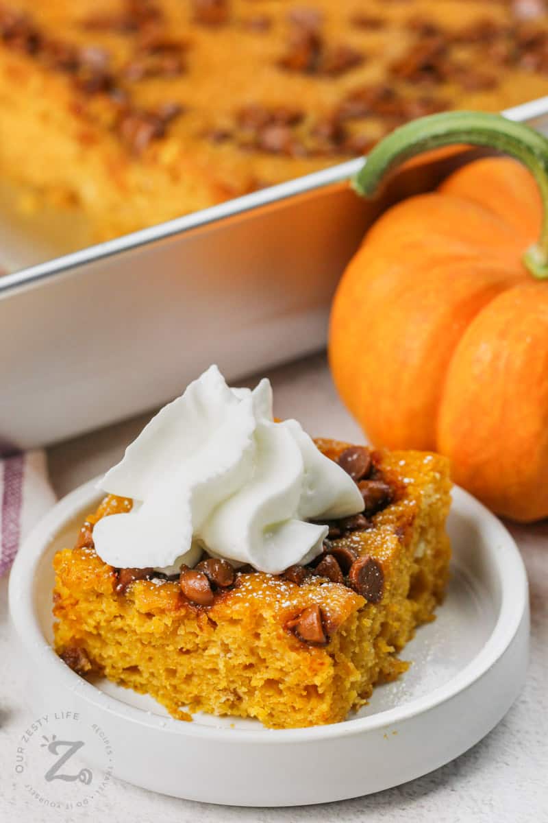plated Easy Pumpkin Bars with whipped cream on top