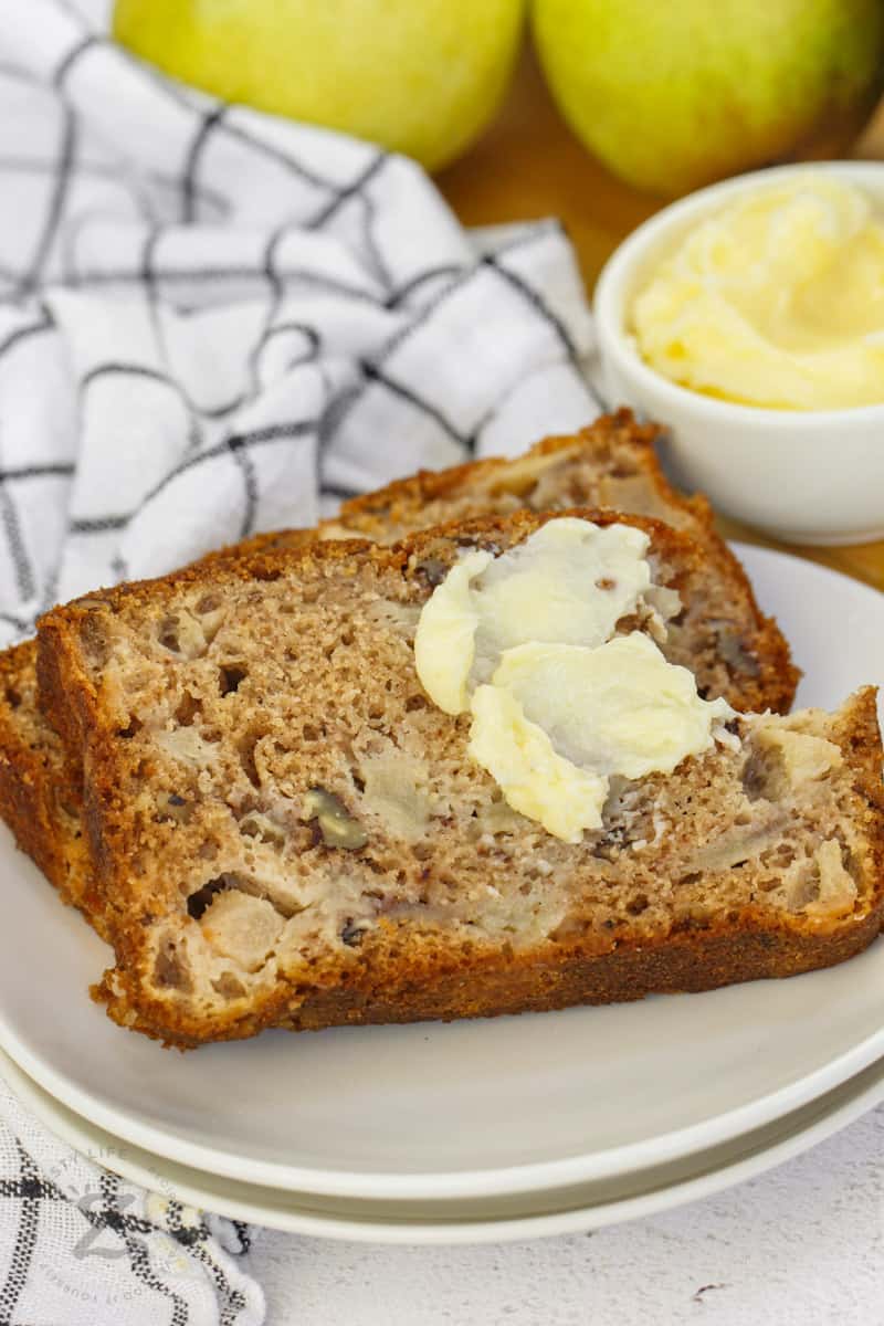 close up of Fresh Pear Bread with butter