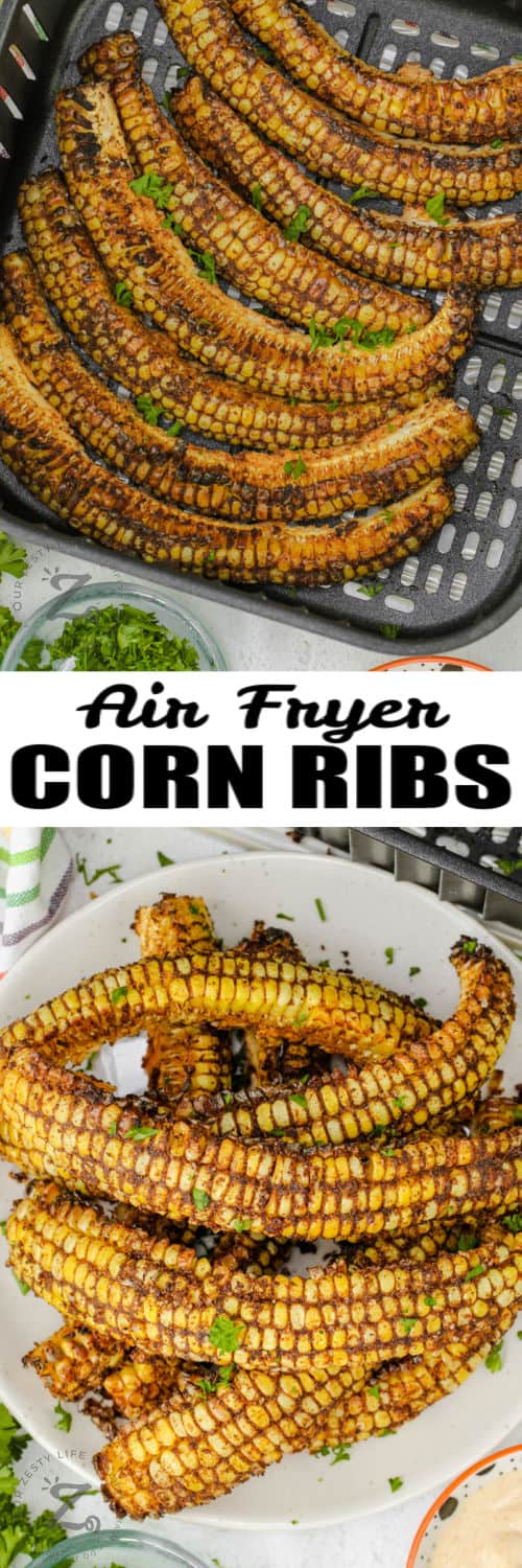 Air Fryer Corn Ribs cooking in the fryer and plated with a title