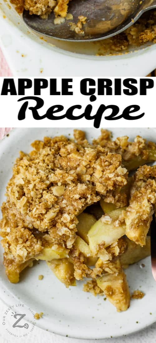 plated Apple Crisp Recipe with a title