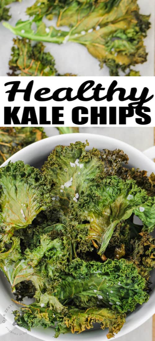close up of plated Baked Kale Chips with writing