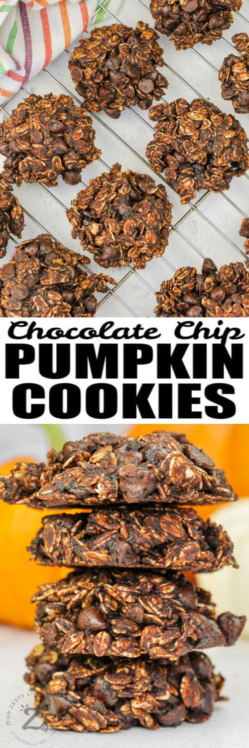 Double Chocolate Pumpkin Cookies on a cooling rack and in a stack with a title